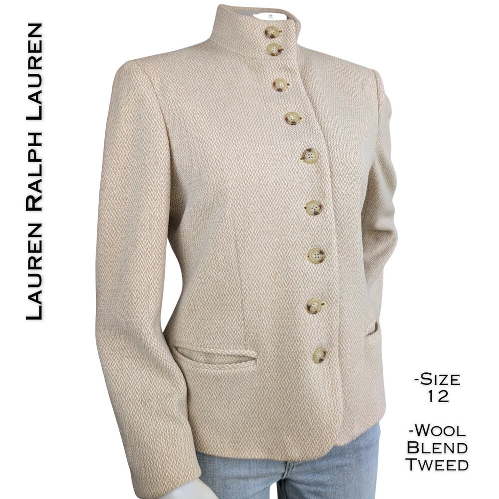 Lauren Ralph Lauren Tweed Jacket 12 Beige Wool Blend Mandarin Collar Blazer